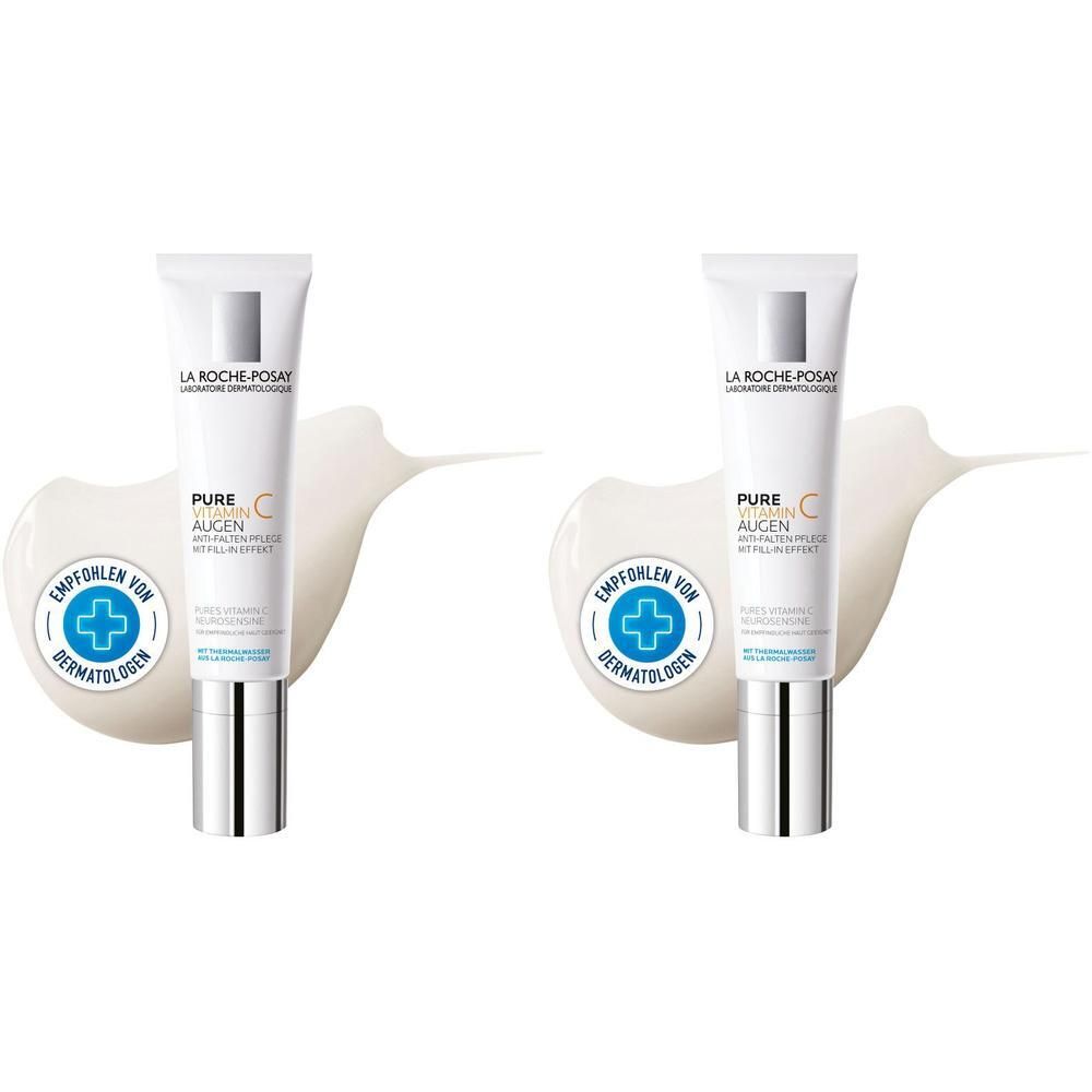 Zwei Tuben La Roche Posay Pure Vitamin C Augencreme mit silbernem Applikator und weißem Pumpspender.