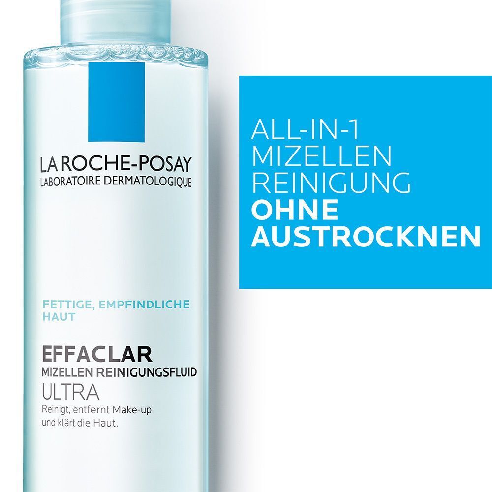 Flasche mit blauem Etikett und weißem Deckel. Aufschrift: EFFACLAR. Text: ALL-IN-1 Mizellen Reinigung ohne Austrocknen.