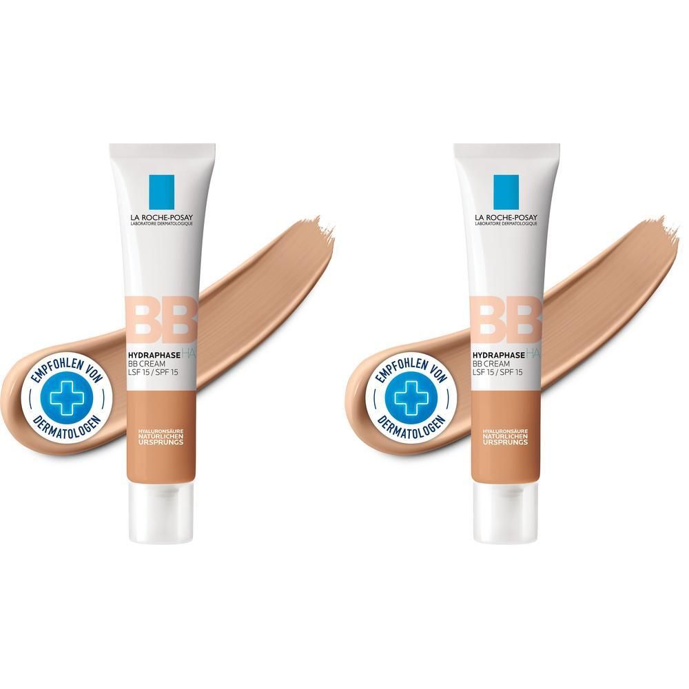 Zwei Tuben BB Creme mit Farbton mittel. Aufdruck: Empfohlen von Dermatologen. Farbstrich.