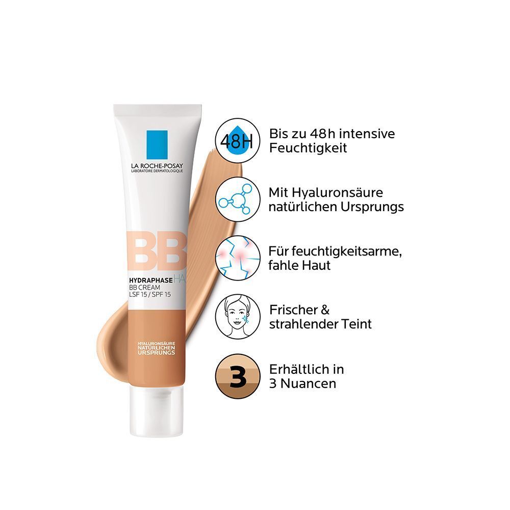 Tube BB Creme mit Farbton mittel. Text: Bis zu 48h Feuchtigkeit, mit Hyaluronsäure, für fahle Haut. 3 Nuancen.