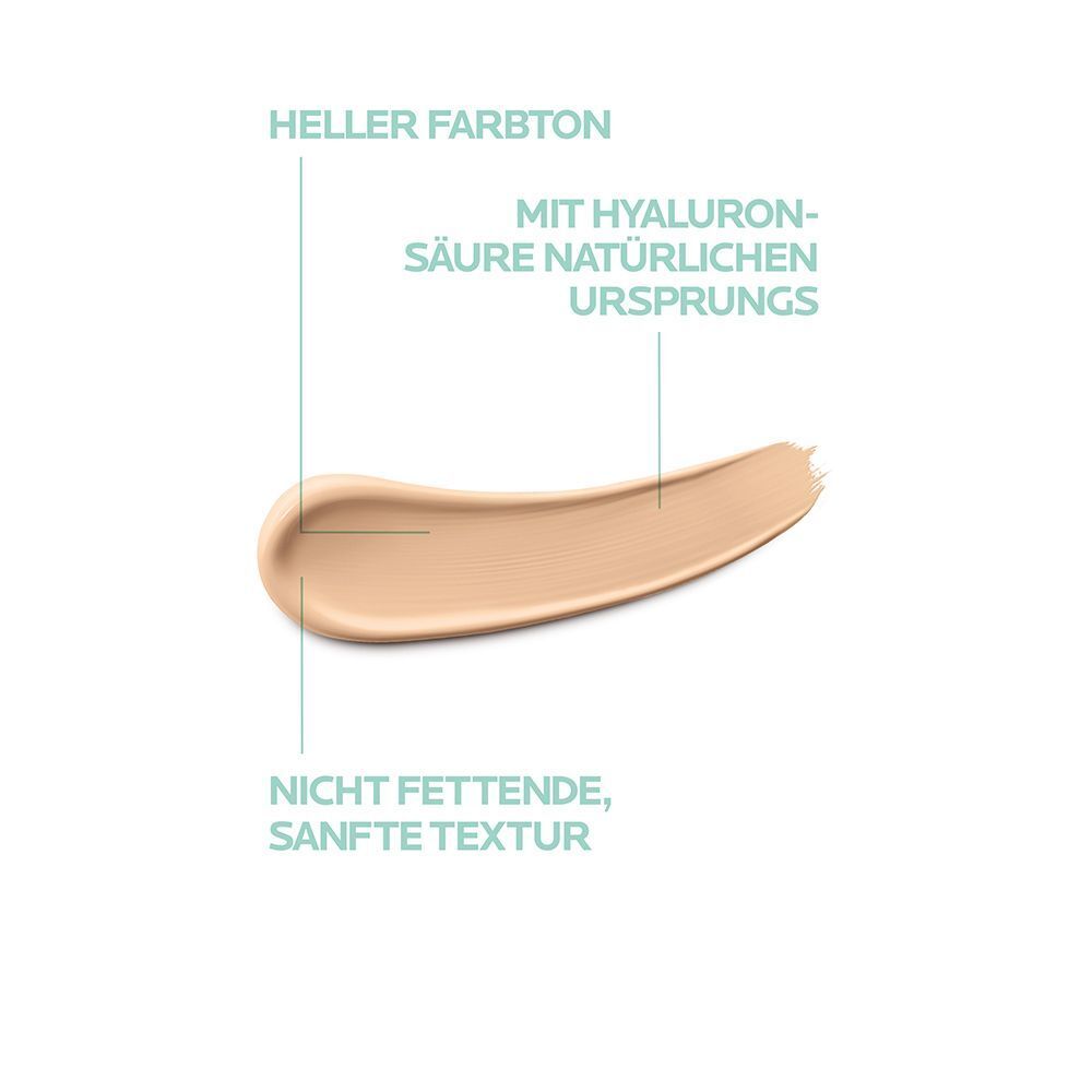 Farbklecks der BB Creme. Text: Heller Farbton, nicht fettende Textur. Mit Hyaluronsäure.