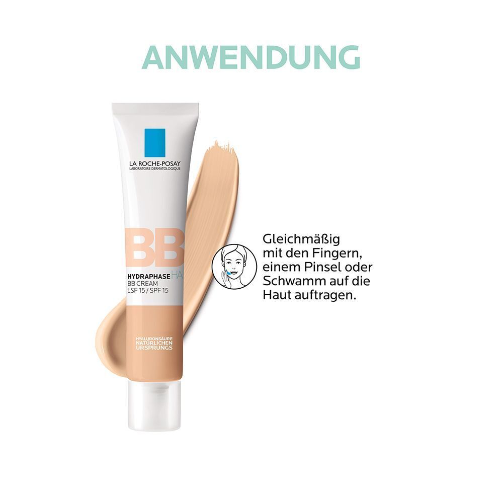Tube BB Creme, hell. Text: Gleichmäßig mit Fingern, Pinsel oder Schwamm auftragen.