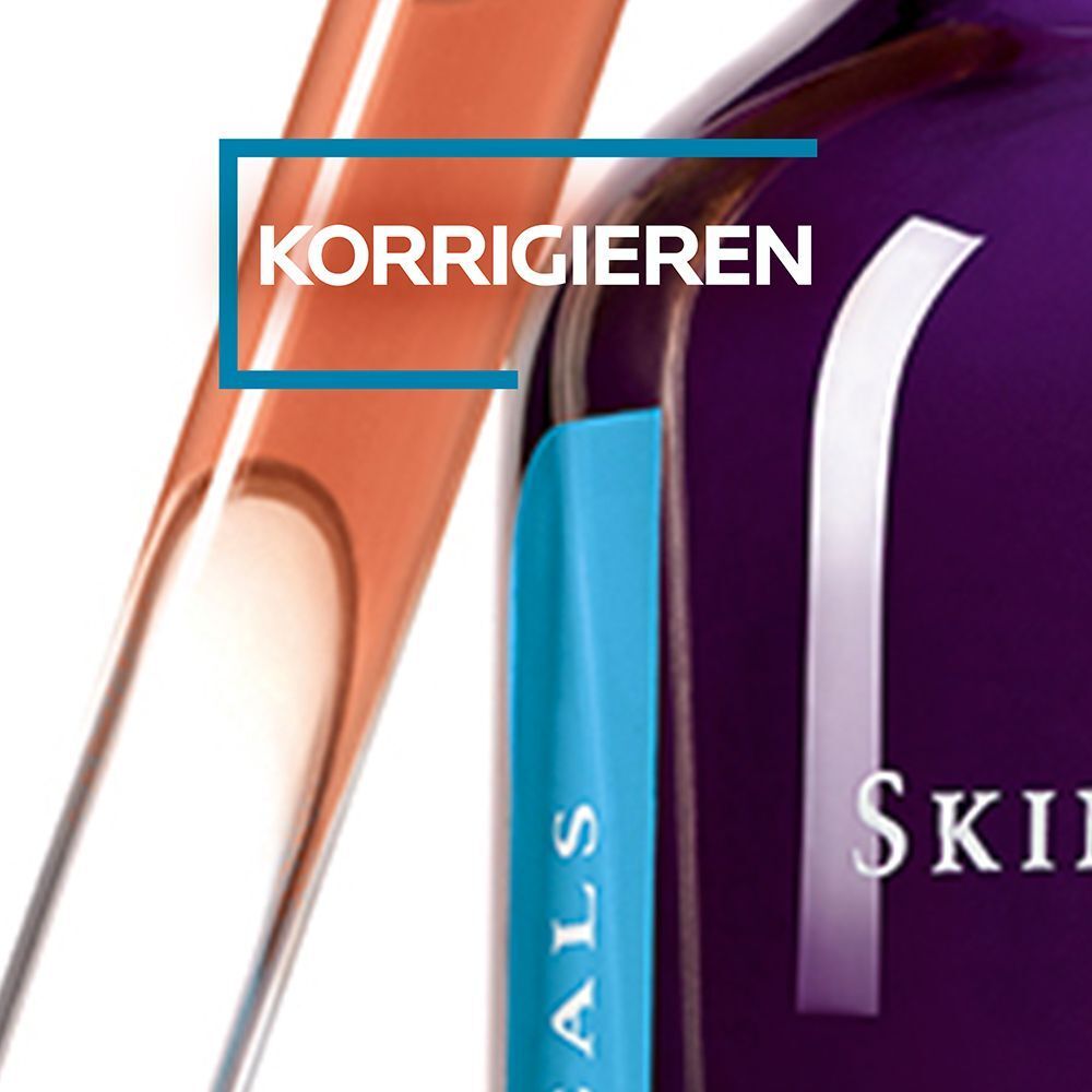 Nahaufnahme eines Teils einer Flasche SKINCEUTICALS. Das Wort „KORRIGIEREN“ in einem blauen Rechteck.