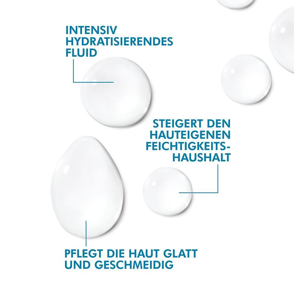 Nahaufnahme von Serum-Tropfen. Text über die Eigenschaften des Serums. Weiße Tropfen auf weißem Hintergrund.