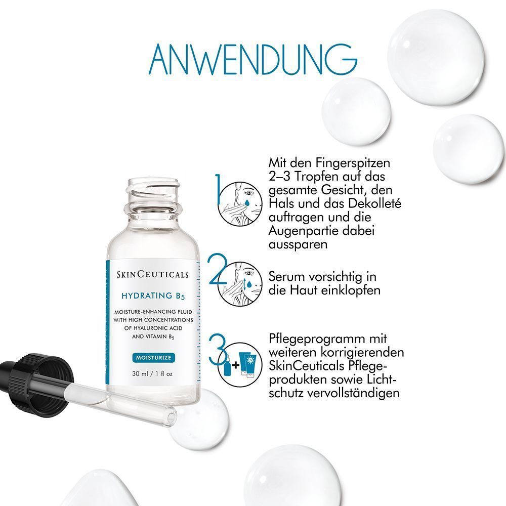 Anwendung des SKINCEUTICALS Hydrating B5 Gels. Flasche, Tropfen und Anwendungsanleitung mit Icons.