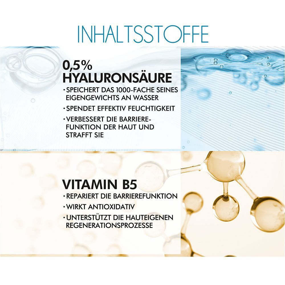 Inhaltsstoffe des SKINCEUTICALS Hydrating B5 Gels. Text über Hyaluronsäure und Vitamin B5. Grafiken.