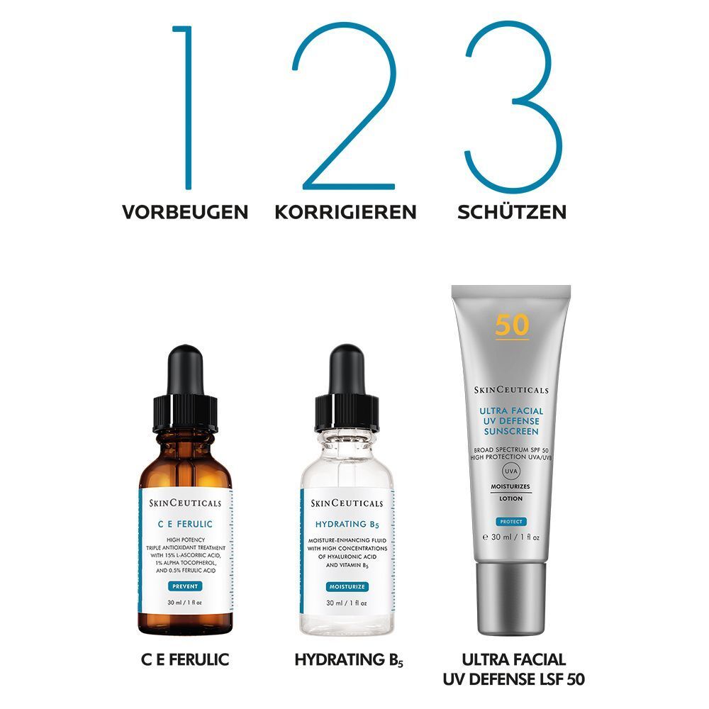 Drei SKINCEUTICALS Produkte: C E Ferulic, Hydrating B5 und Ultra Facial UV Defense LSF 50. Text und Logos.