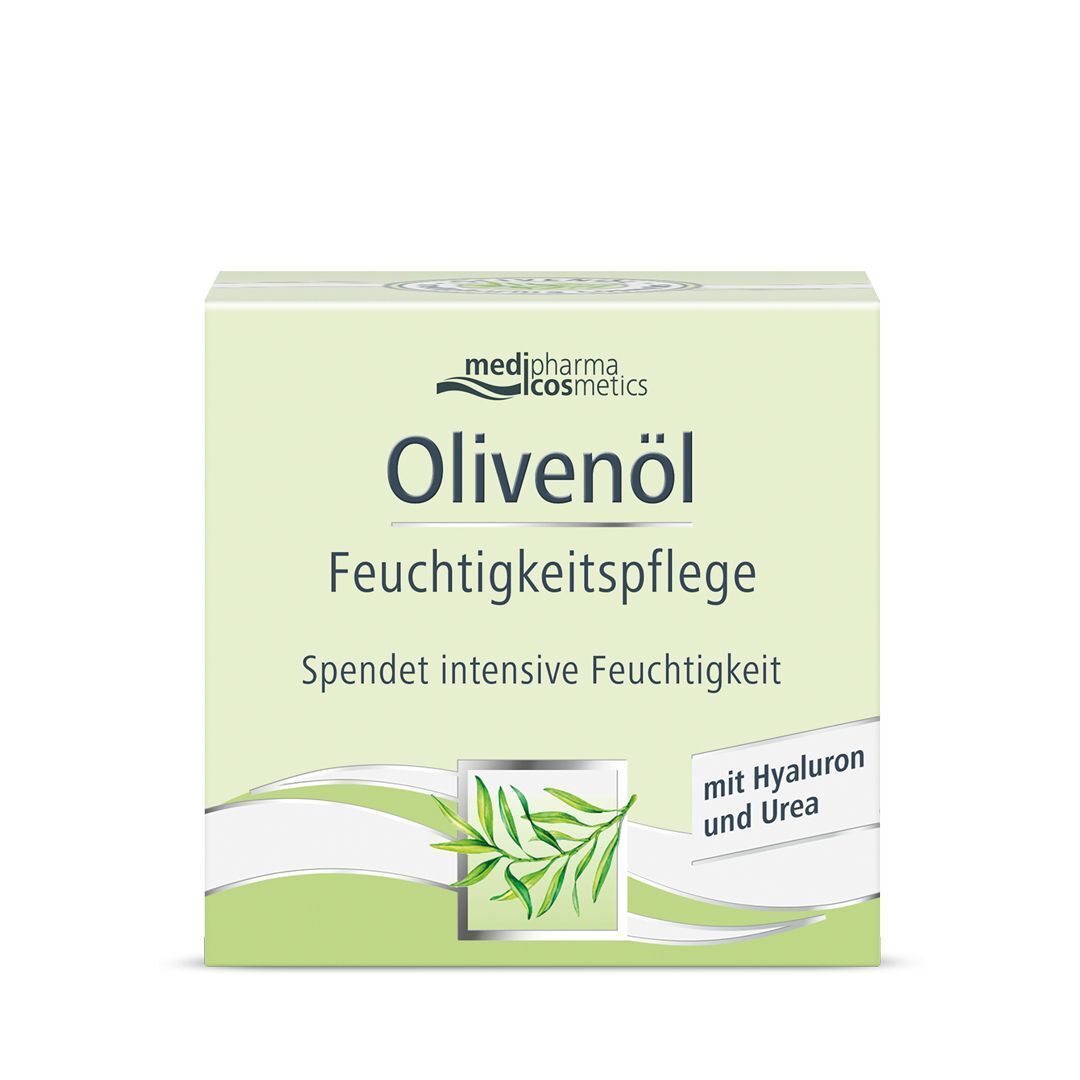 Faltschachtel mit Aufschrift: Olivenöl Feuchtigkeitspflege. Marke: medipharma cosmetics.