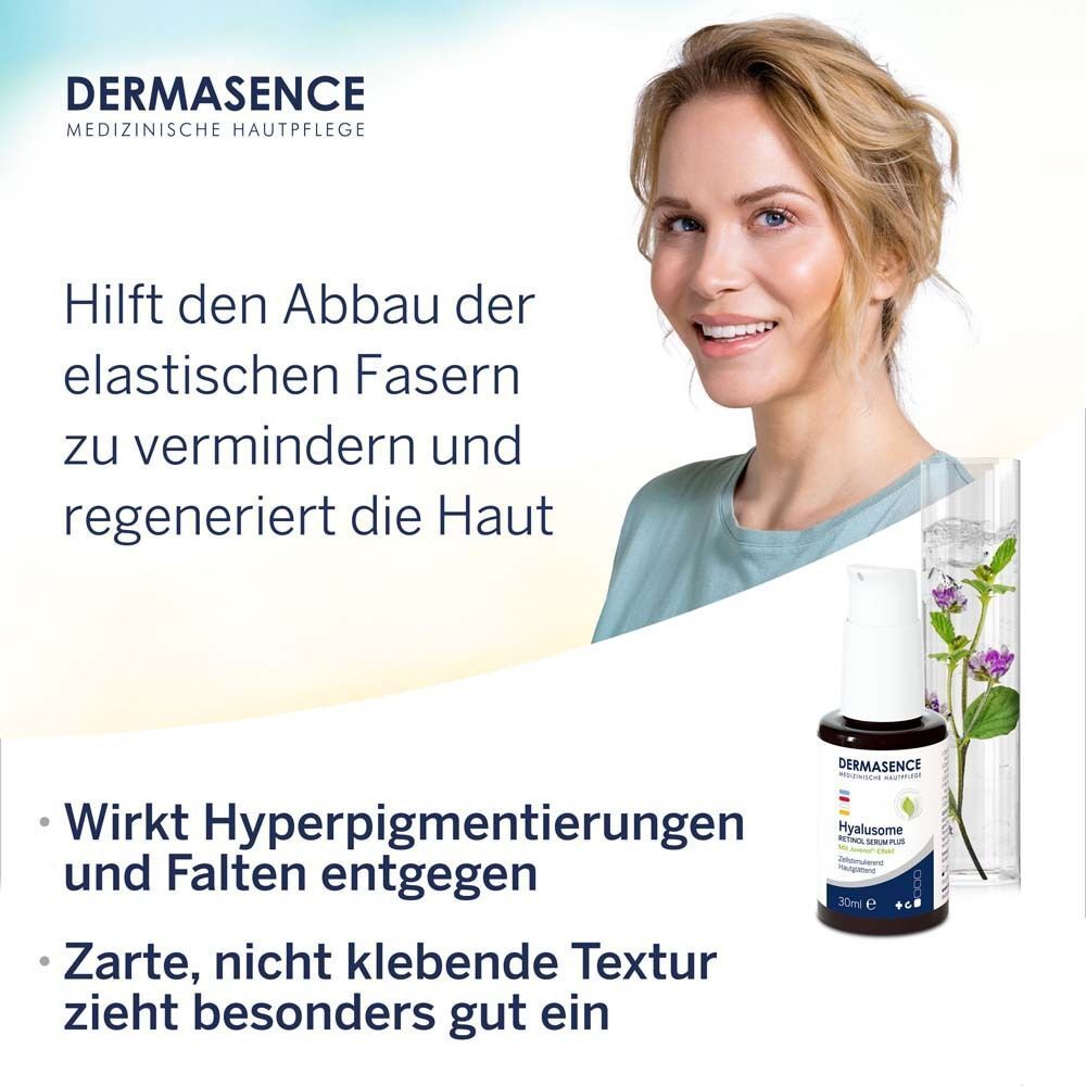 Frau lächelt. Serumflasche neben einem Glasbehälter mit Pflanzen. Text: Hilft Abbau elastischer Fasern zu vermindern.