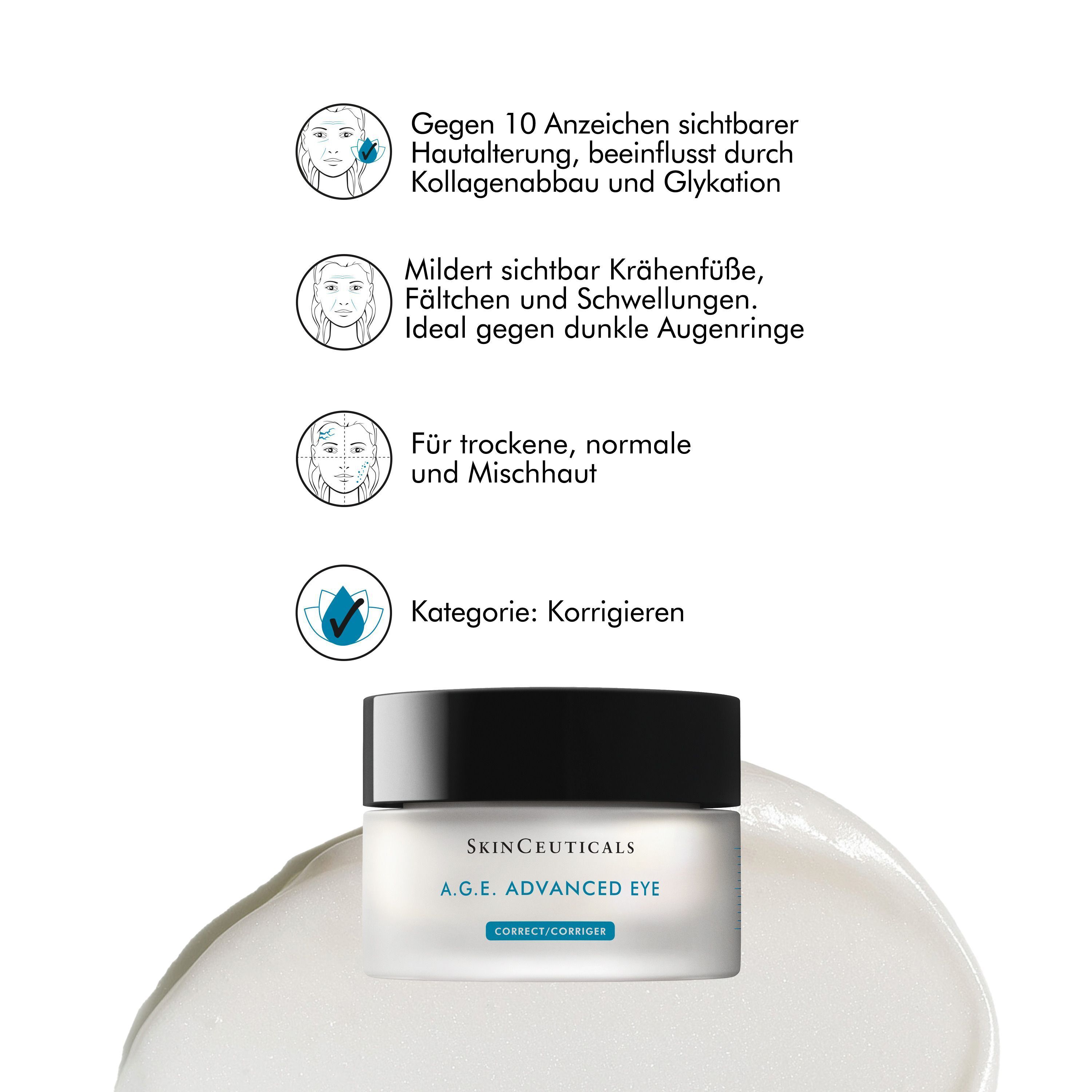 SKINCEUTICALS A.G.E. Advanced Eye Augencreme-Tiegel auf weißem Untergrund. Text: Gegen 10 Anzeichen sichtbarer Hautalterung. Kategorie: Korrigieren.