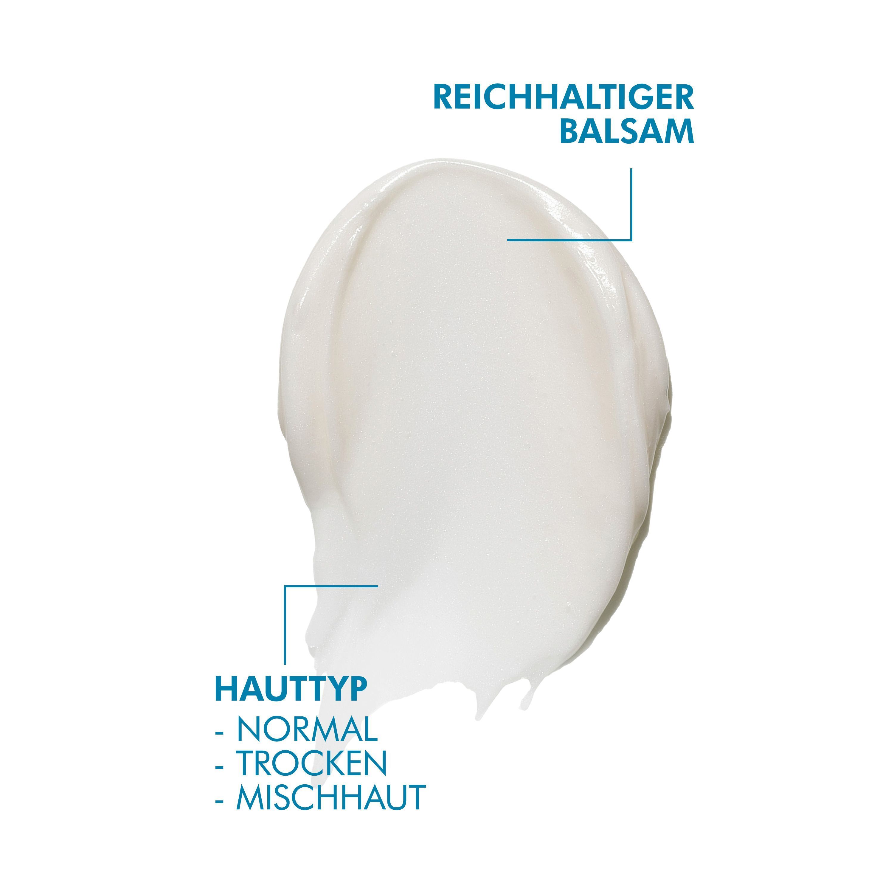 Weißer Balsam auf weißem Hintergrund. Text: Hauttyp: Normal, Trocken, Mischhaut.