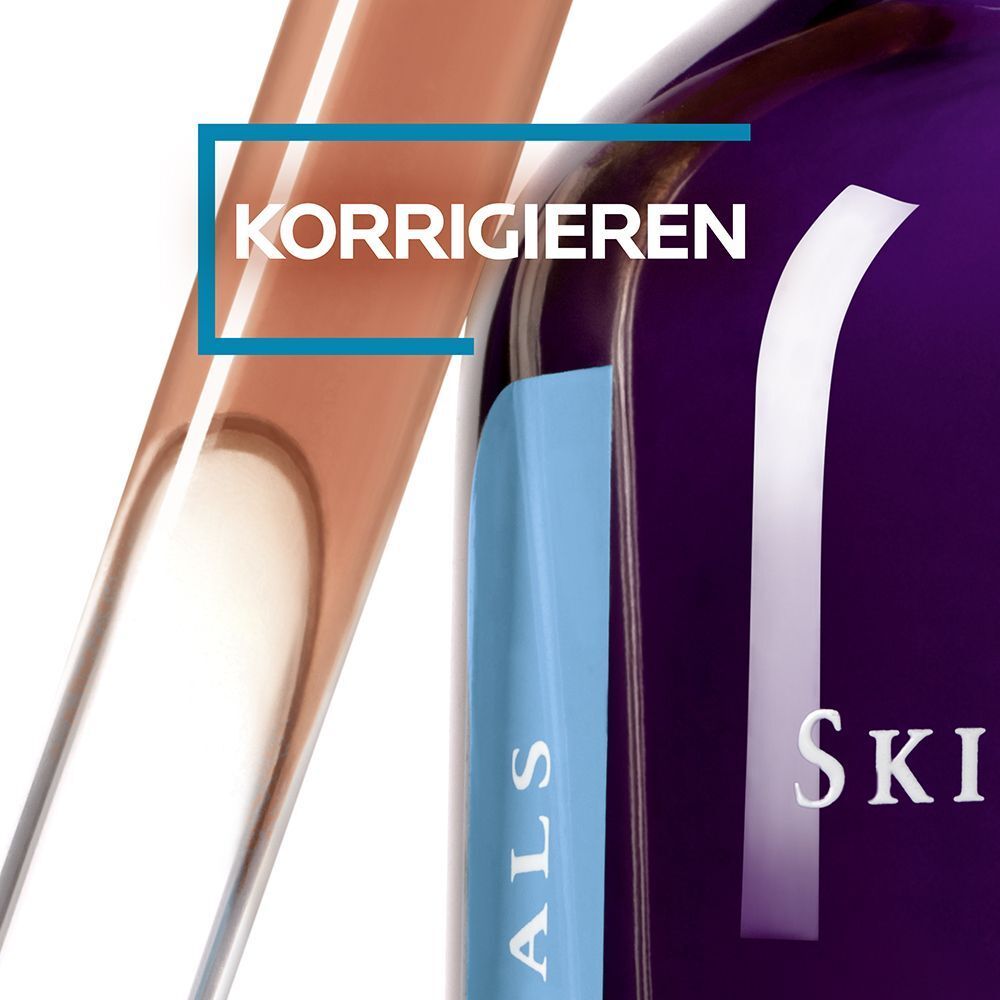 Nahaufnahme eines Pipettenkopfes und eines violetten Flakons mit der Aufschrift 'KORRIGIEREN'.