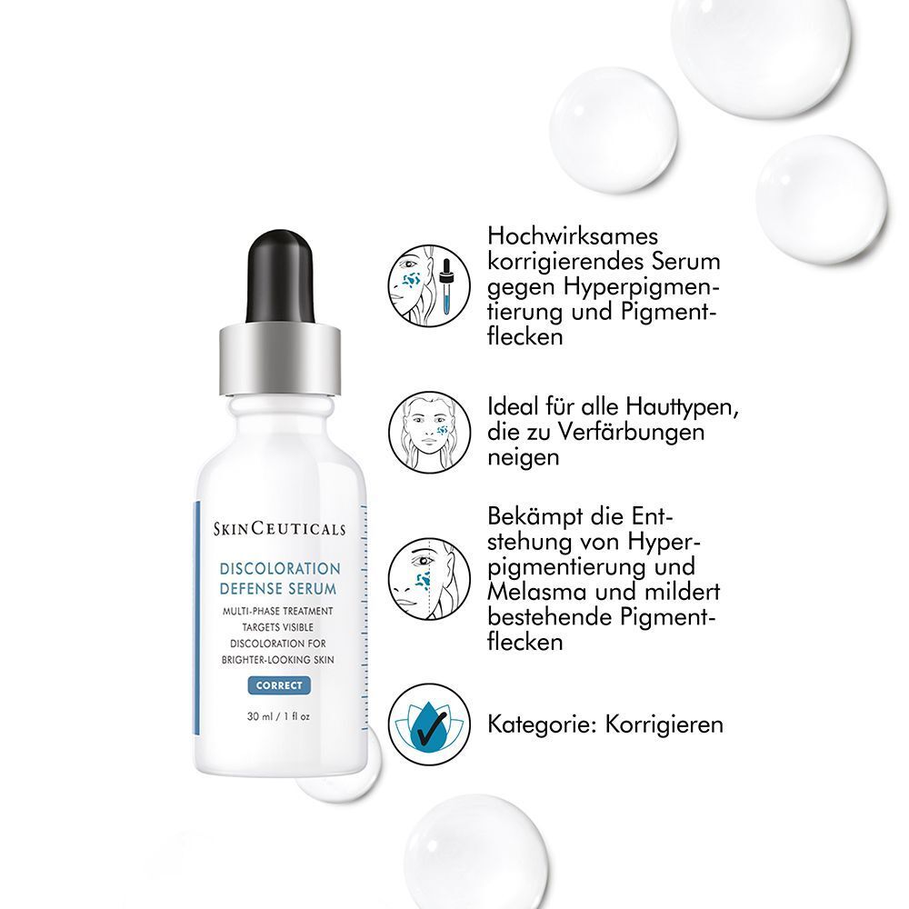 SkinCeuticals Discoloration Defense Serum Flakon mit Infografik zu Wirksamkeit und Anwendung.