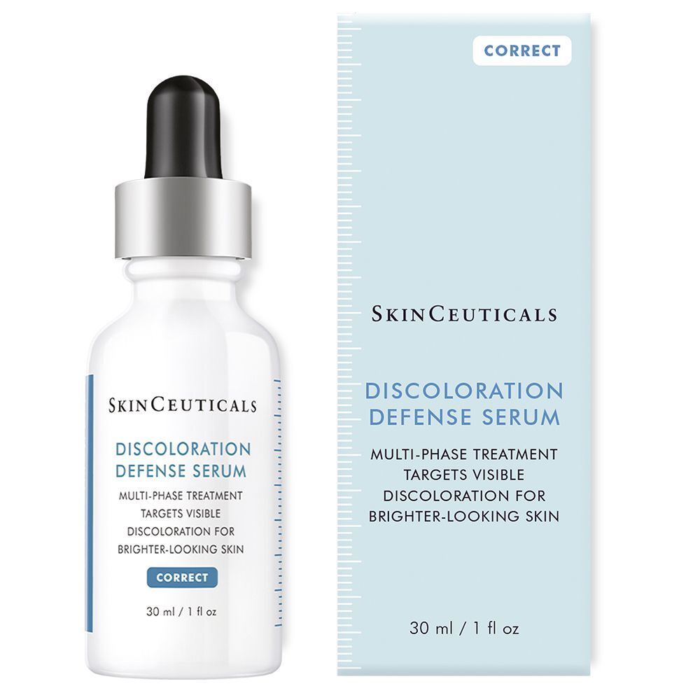 SkinCeuticals Discoloration Defense Serum Flakon und Faltschachtel mit Pipettenverschluss.