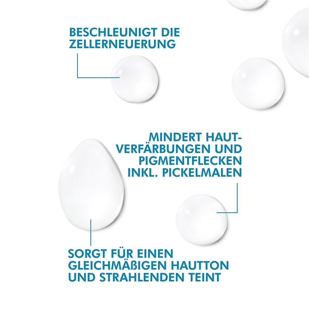 Tropfen des Serums mit Erklärungen zu Zellenerneuerung und Hautton.