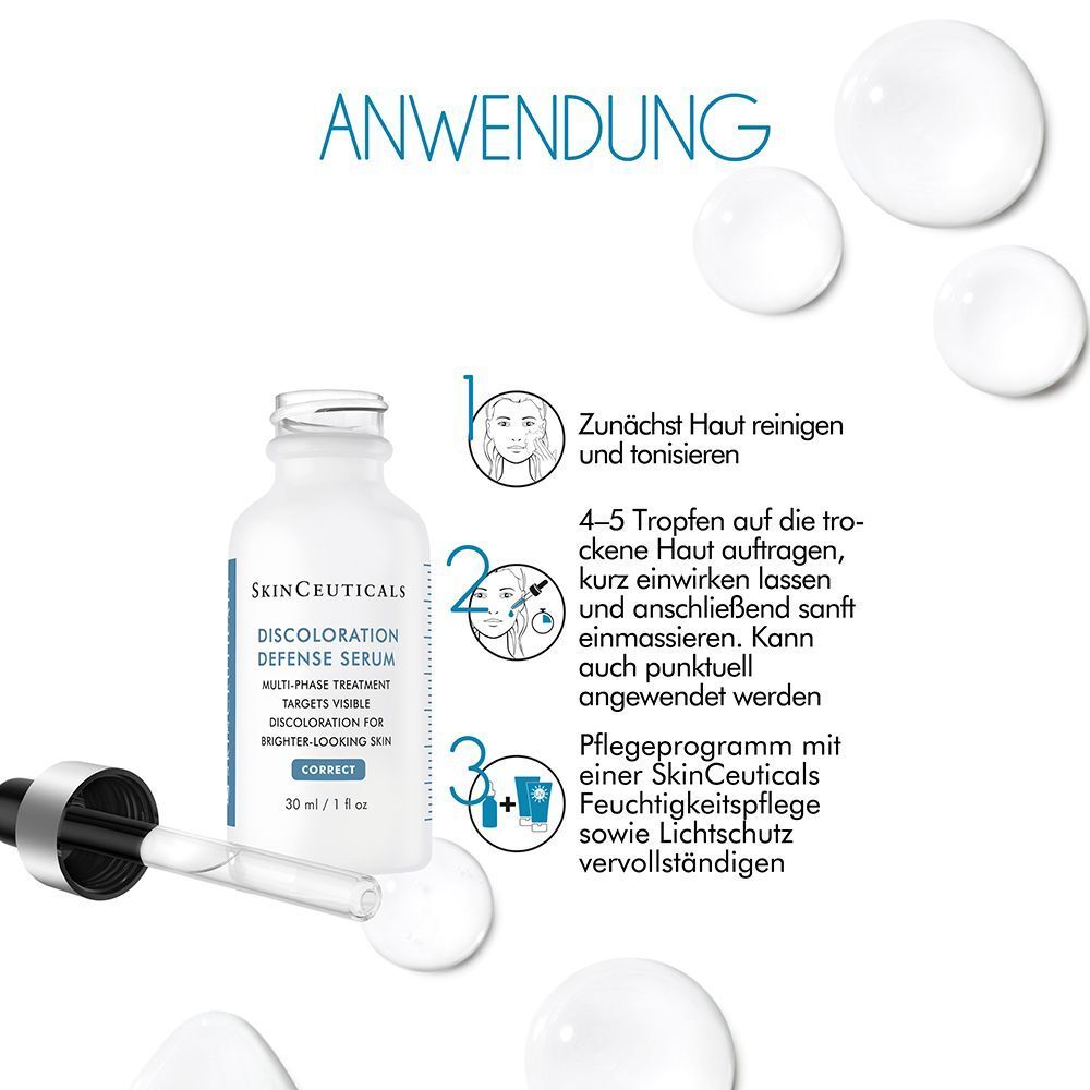 Anwendungshinweise für SkinCeuticals Discoloration Defense Serum mit Flakon und Pipette.