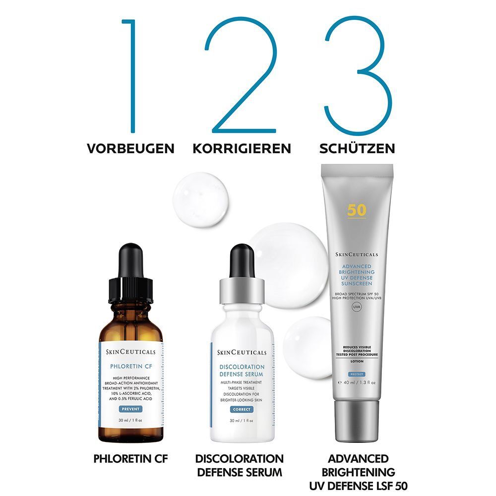 Drei SkinCeuticals Produkte: Phloretin CF, Discoloration Defense Serum und Sonnenschutz.