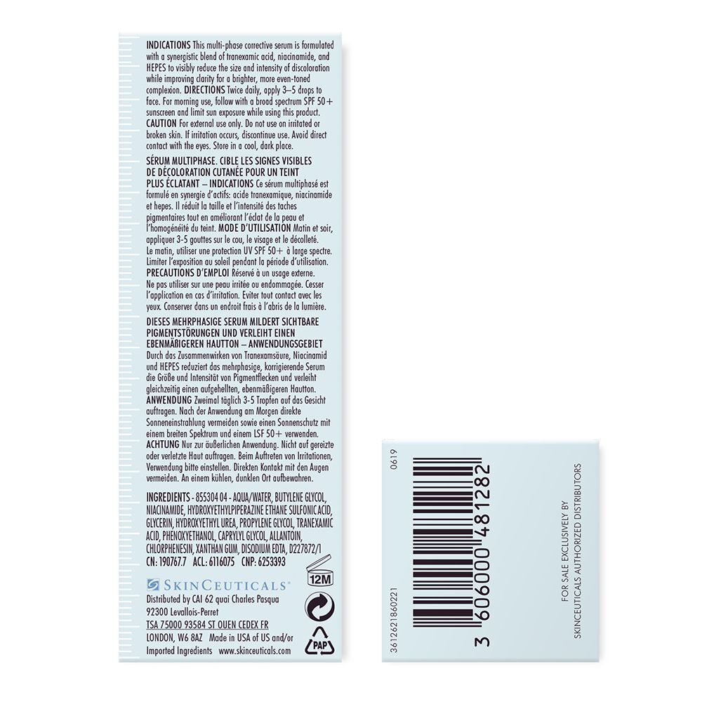 Rückseite der SkinCeuticals Discoloration Defense Serum Verpackung mit Inhaltsstoffen und Barcode.