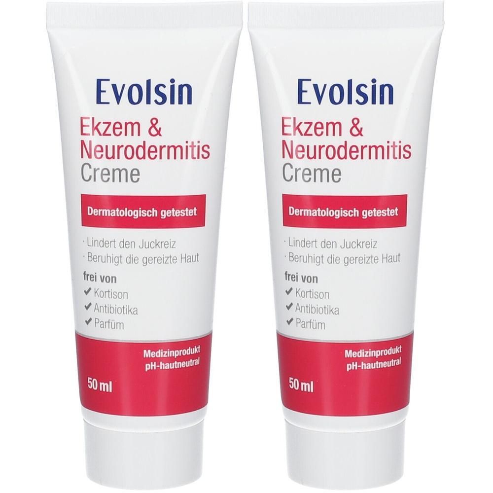 Zwei Tuben Evolsin Ekzem & Neurodermitis Creme, 50 ml. Dermatologisch getestet, frei von Kortison.