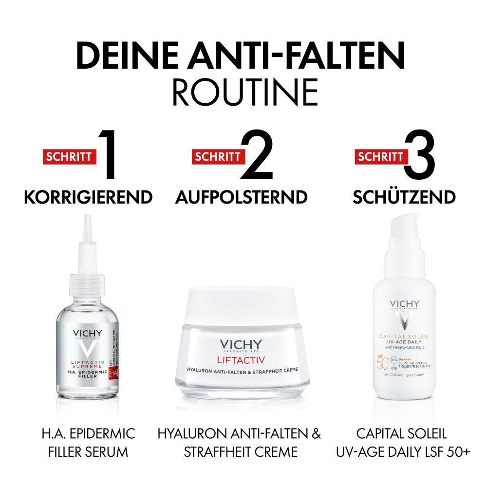Anti-Falten-Routine: Schritt 1: H.A. Epidermic Filler Serum. Schritt 2: Hyaluron Anti-Falten & Straffheit Creme. Schritt 3: Capital Soleil UV-Age Daily LSF 50+.