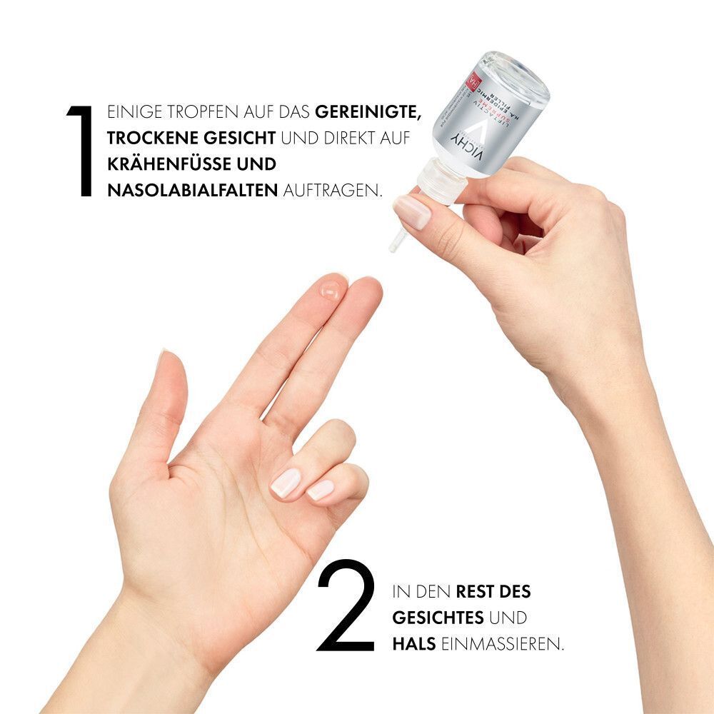 Hände halten Flakon. Schritt 1: Auftragen auf gereinigtes Gesicht. Schritt 2: Einmassieren in Gesicht und Hals.