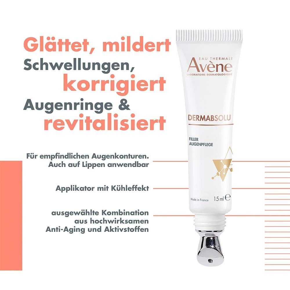 AVENE DermAbsolu Filler Augenpflege Tube. Text: Glättet, mildert Schwellungen, korrigiert Augenringe & revitalisiert. Applikator mit Kühleffekt.