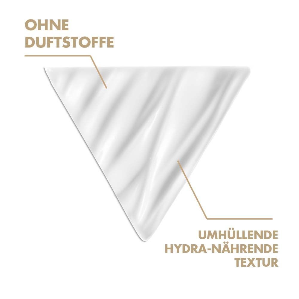 Weißes, dreieckiges Tuch. Text: Ohne Duftstoffe, umhüllende hydra-nährende Textur.