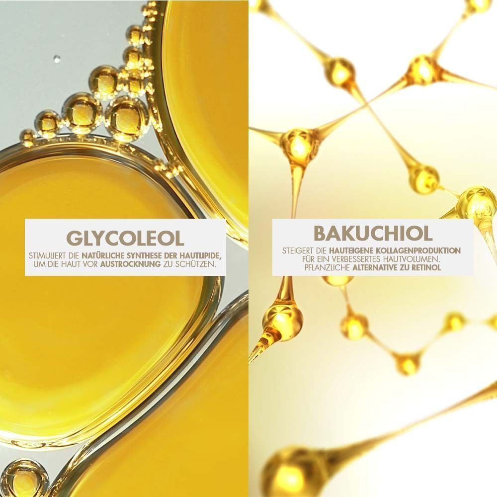 Zwei Bilder: Glycoleol und Bakuchiol. Text: Stimuliert die natürliche Synthese der Hautlipide. Steigert die Hautkollagenproduktion.
