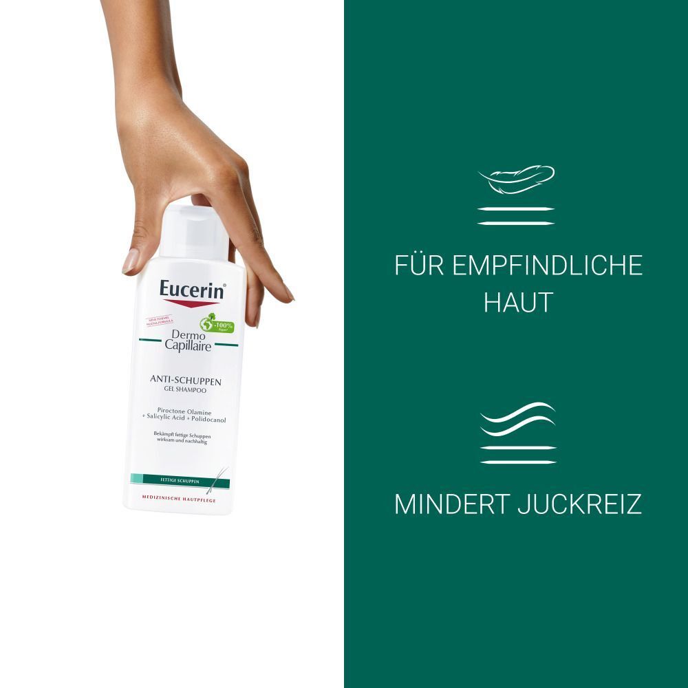 Hand präsentiert Eucerin DermoCapillaire Anti-Schuppen Gel Shampoo. Für empfindliche Haut, mindert Juckreiz.