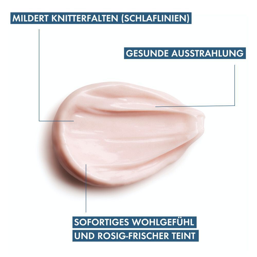 Rosa Creme-Textur. Text: Mildert Knitterfalten, gesunde Ausstrahlung, sofortiges Wohlgefühl.