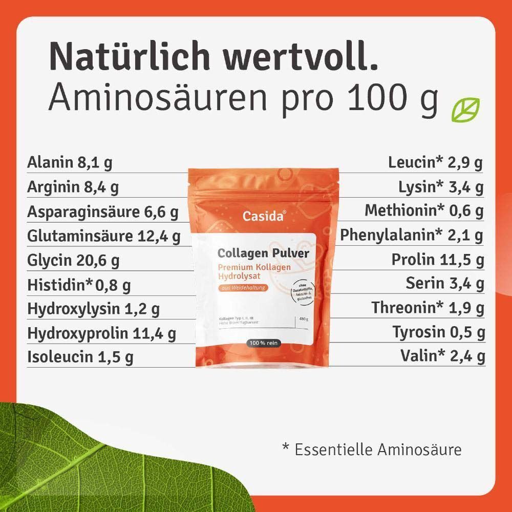 Casida Premium Kollagen Pulver 480g - Natürliches Bioaktives Kollagen Hydrolysat