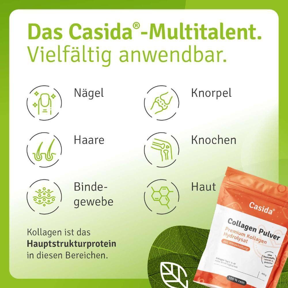 Infografik mit Anwendungsbereichen. Ein Beutel Casida Kollagen Pulver. Text: Kollagen ist das Hauptstrukturprotein in Nägeln, Haaren, Knorpel, Knochen, Haut.