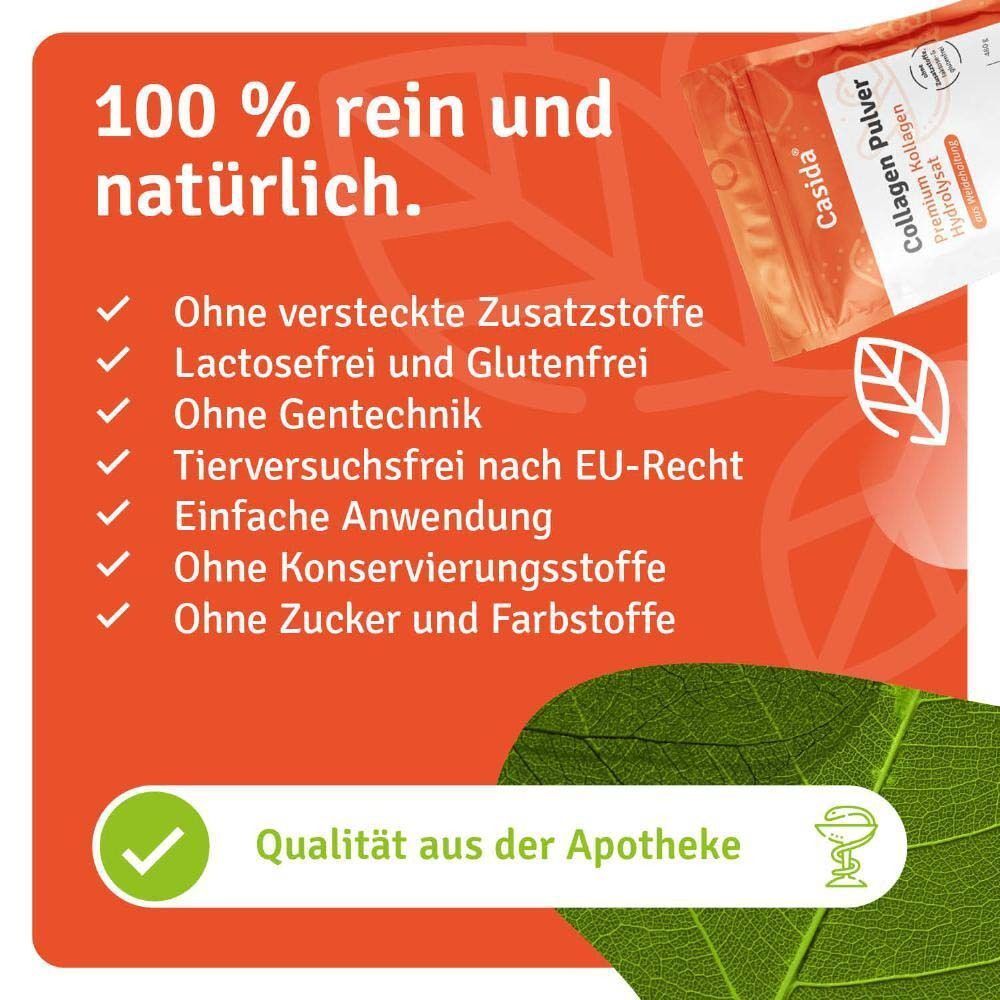 Infografik mit Reinheitsmerkmalen. Ein Beutel Casida Kollagen Pulver. Text: Ohne Zusatzstoffe, laktosefrei, ohne Gentechnik, tierversuchsfrei, etc.