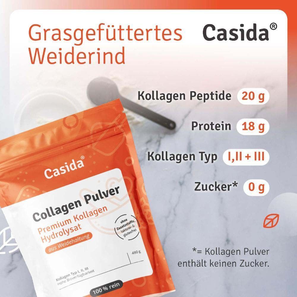 Infografik mit Nährwertangaben. Ein Beutel Casida Kollagen Pulver. Text: Kollagen Peptide 20g, Protein 18g, Kollagen Typ I, II, III, Zucker 0g.