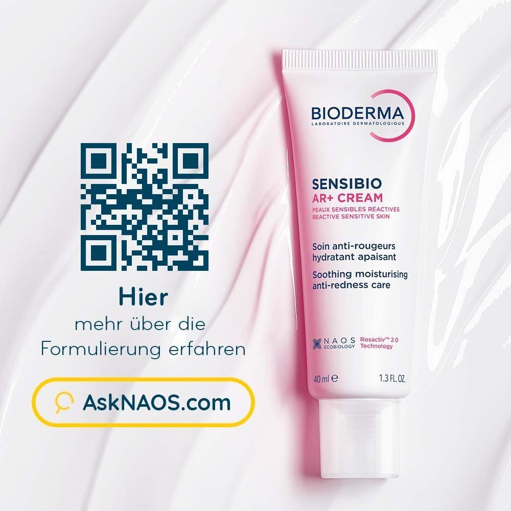 BIODERMA Sensibio AR+ Creme Tube mit QR-Code. Weiße Tube mit roter Beschriftung. Text: Sensibio AR+ Creme, Soin anti-rougeurs hydratant apaisant.