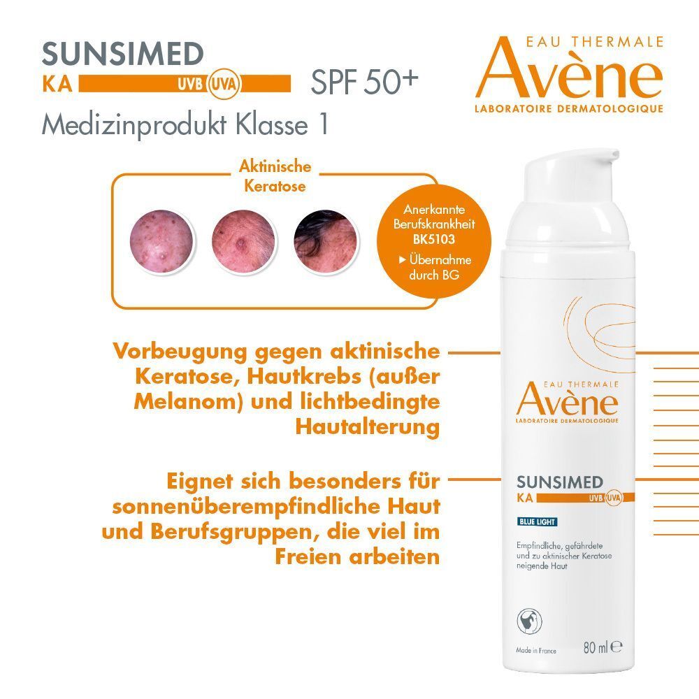 AVENE SunsiMed KA Emulsion, weiße Flasche. Aufschrift: SunsiMed KA, SPF 50+, Medizinprodukt Klasse 1. Abbildungen von Haut.
