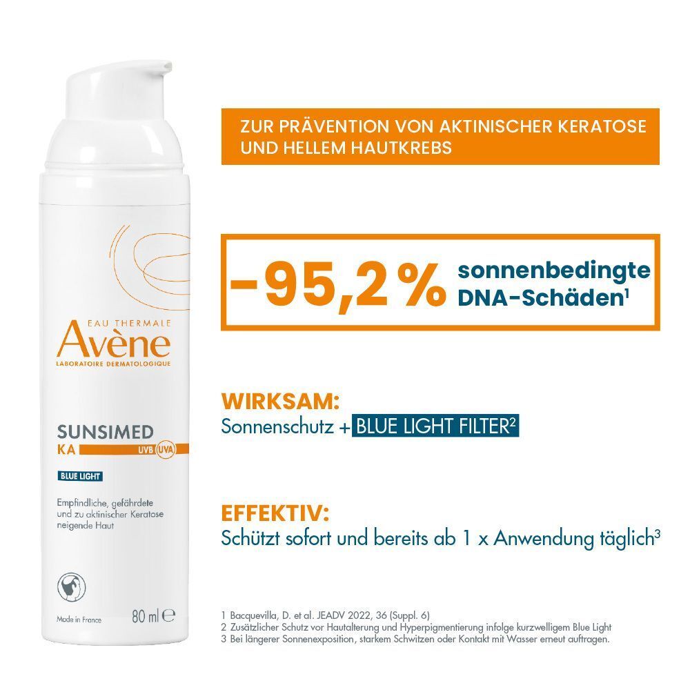 AVENE SunsiMed KA Emulsion, weiße Flasche. Aufschrift: SunsiMed KA, Blue Light. Text: -95,2% DNA-Schäden.