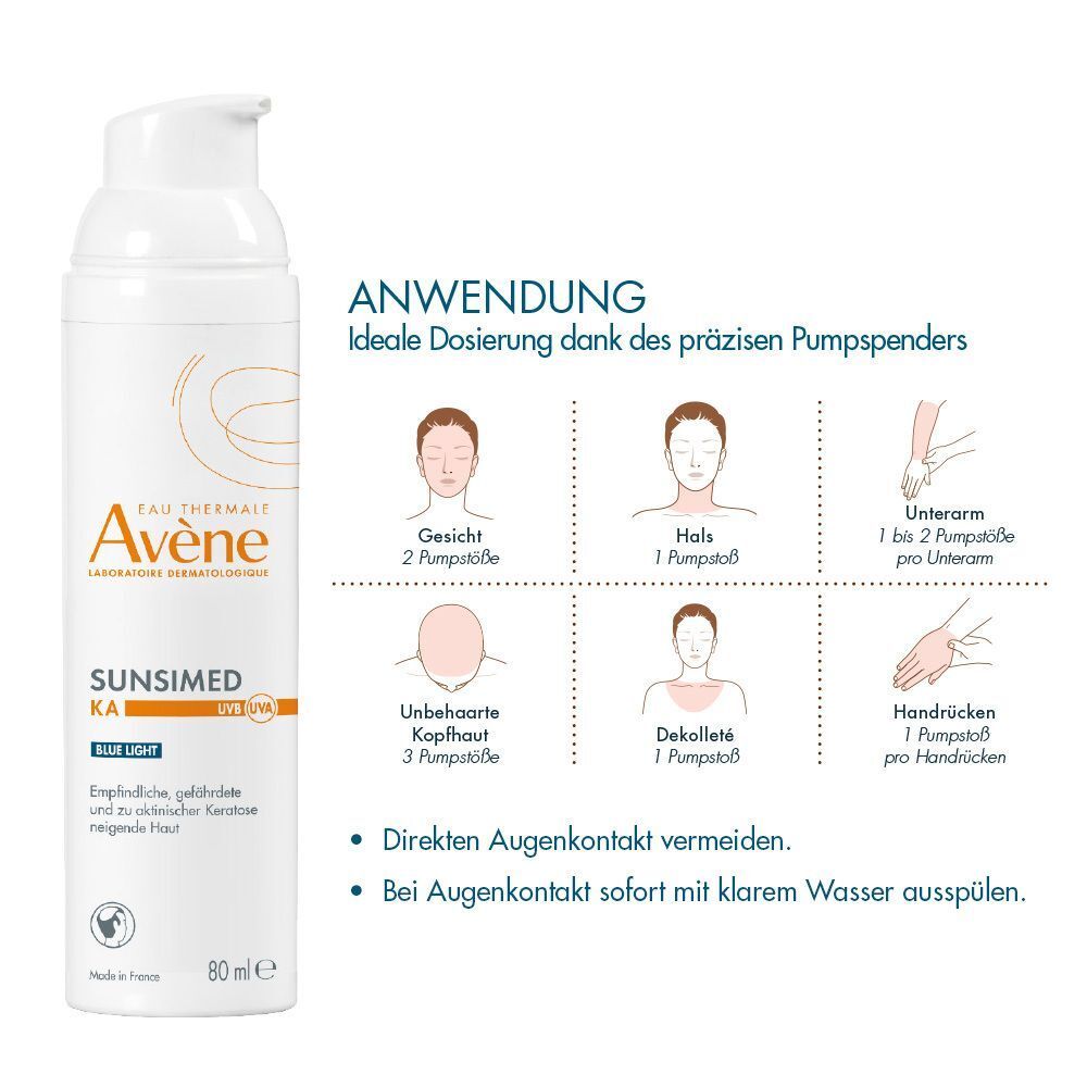 AVENE SunsiMed KA Emulsion, weiße Flasche. Aufschrift: SunsiMed KA, Blue Light. Abbildungen zur Dosierung.