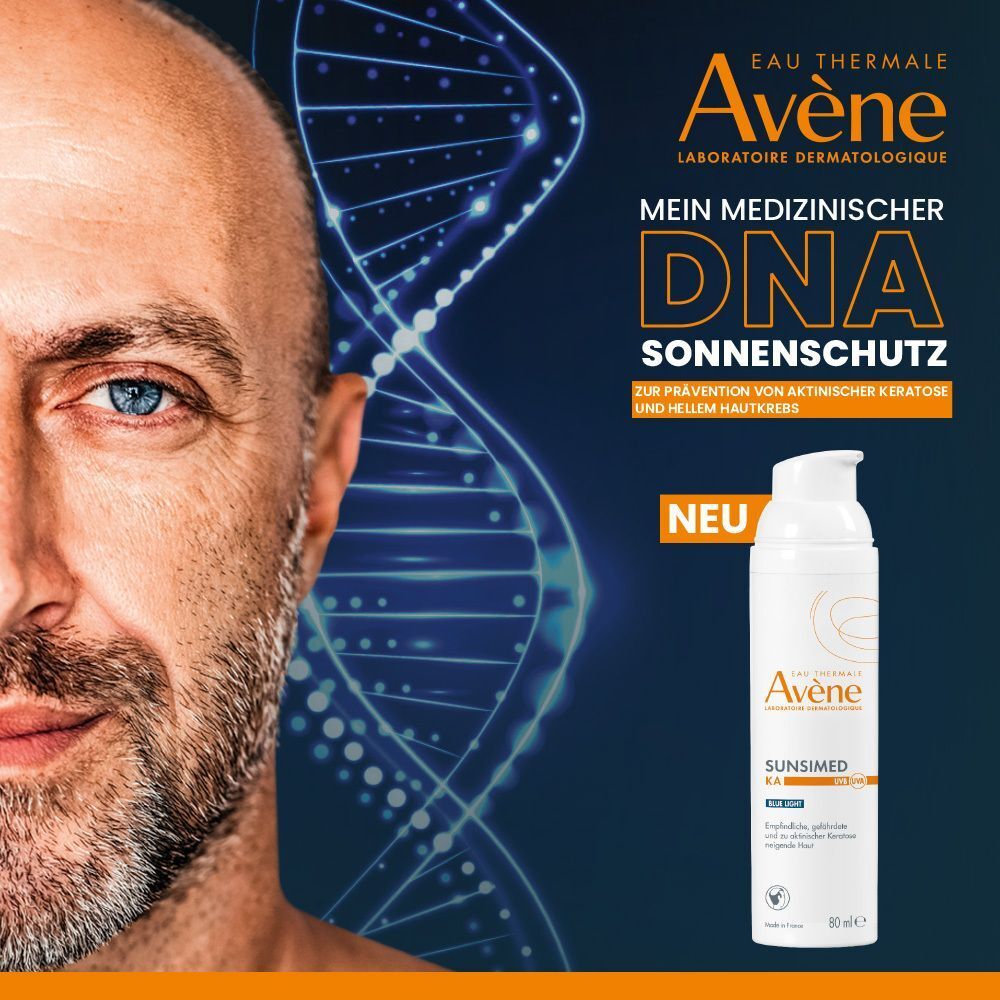 AVENE SunsiMed KA Emulsion, weiße Flasche. Aufschrift: SunsiMed KA, Blue Light. Gesicht eines Mannes mit DNA-Grafik.