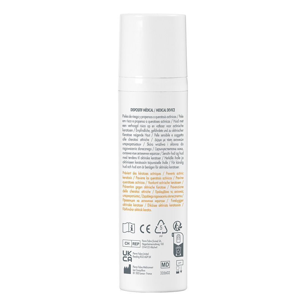 Rückseite der AVENE SunsiMed KA Emulsion. Text und Symbole für medizinische Geräte.
