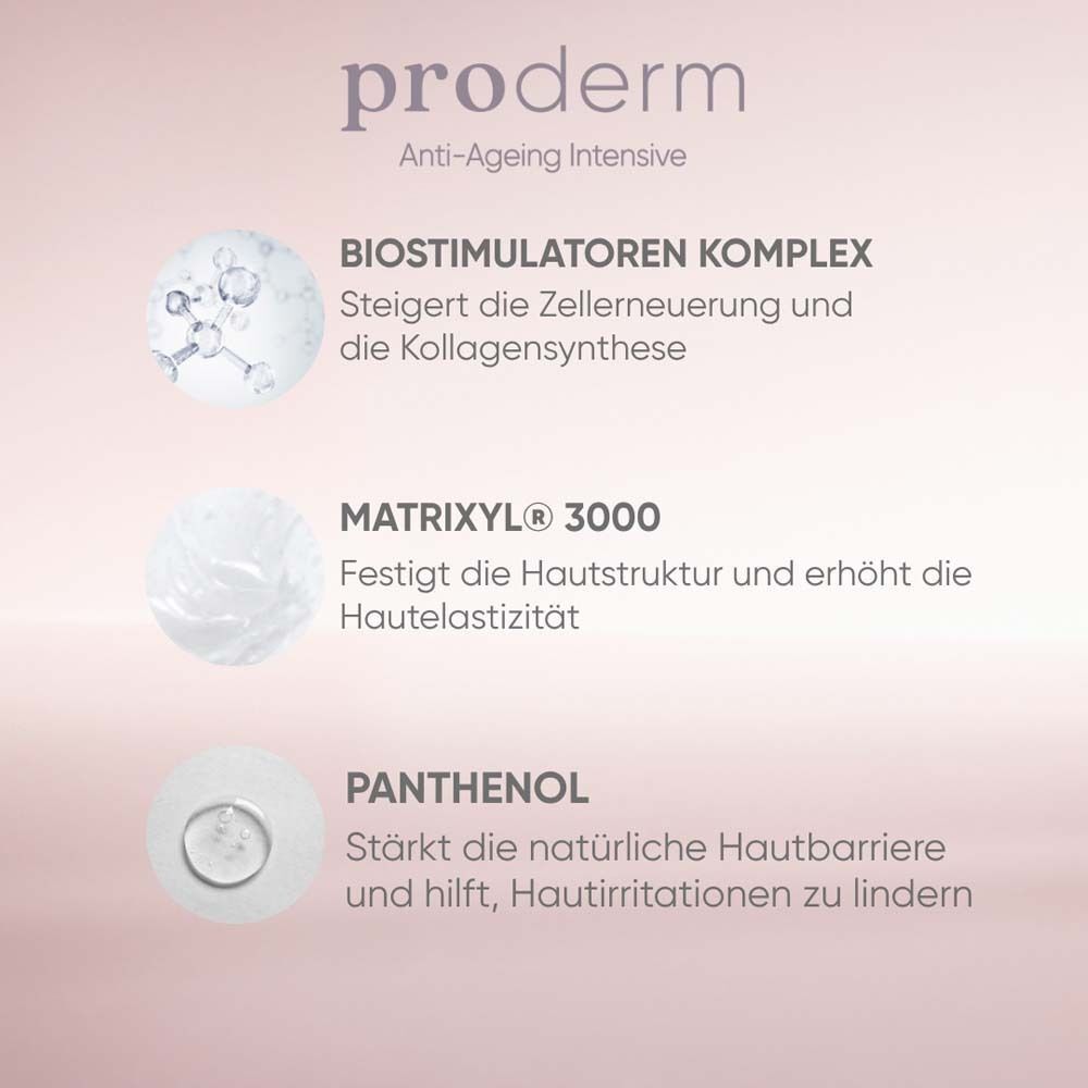 Grafische Darstellung von Inhaltsstoffen. Text: Biostimulatoren Komplex, Matrixyl 3000, Panthenol. Rosa Hintergrund.