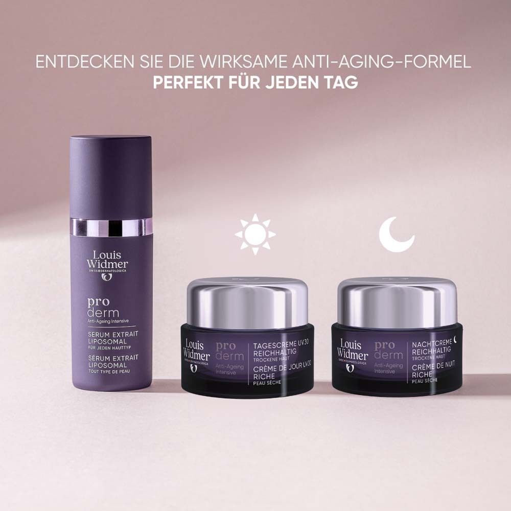 Drei Produkte: Serum, Tagescreme, Nachtcreme. Text: Anti-Aging-Formel. Rosa Hintergrund.