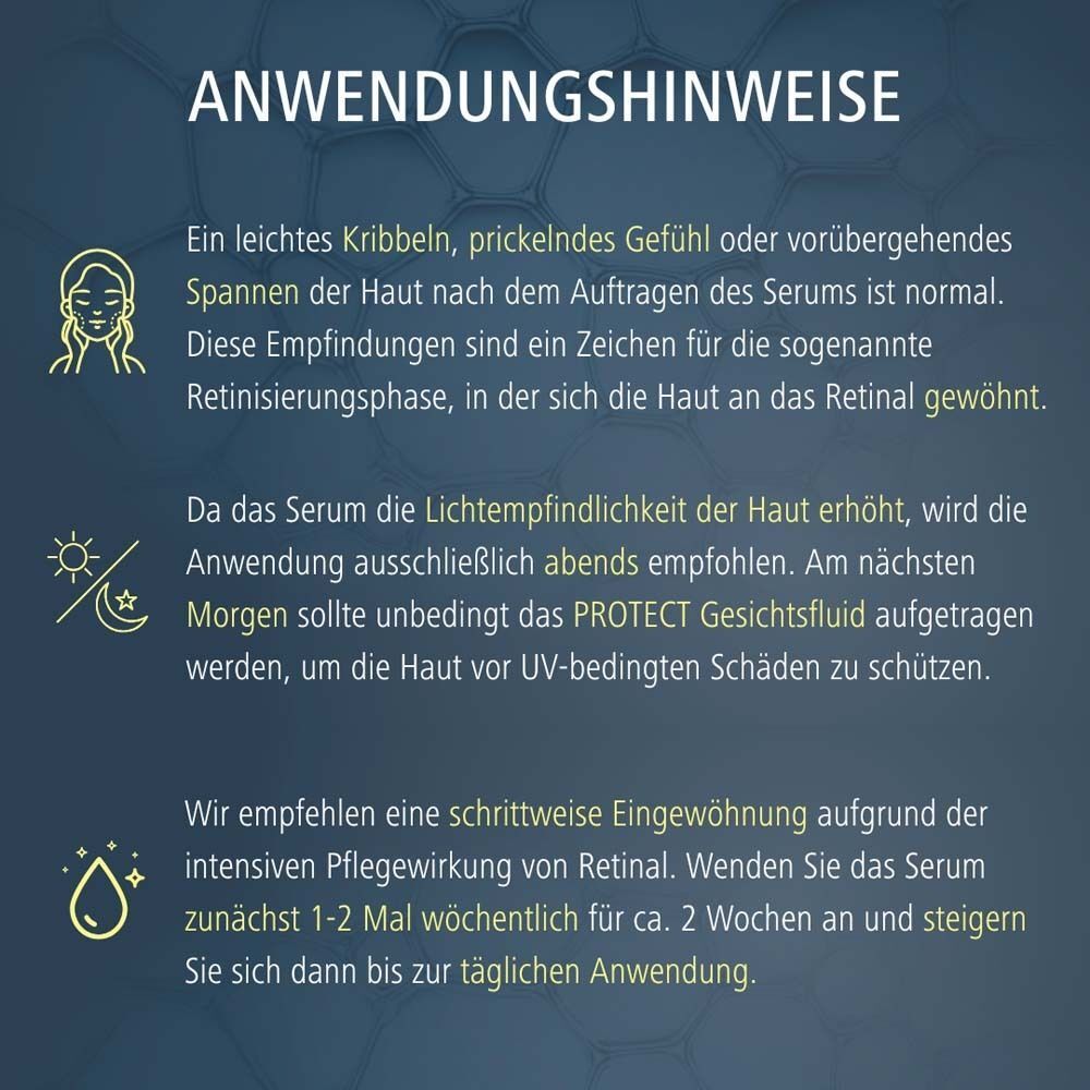 Text: Anwendungshinweise. Erläuterung zur Anwendung des Serums und des Protect Gesichtfluid.