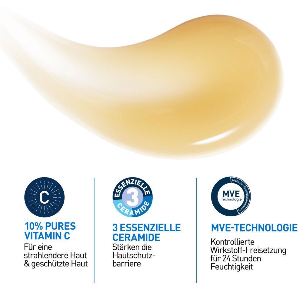 Grafik mit Text: 10% reines Vitamin C, 3 essentielle Ceramide, MVE-Technologie. Gelber Tropfen im Hintergrund.