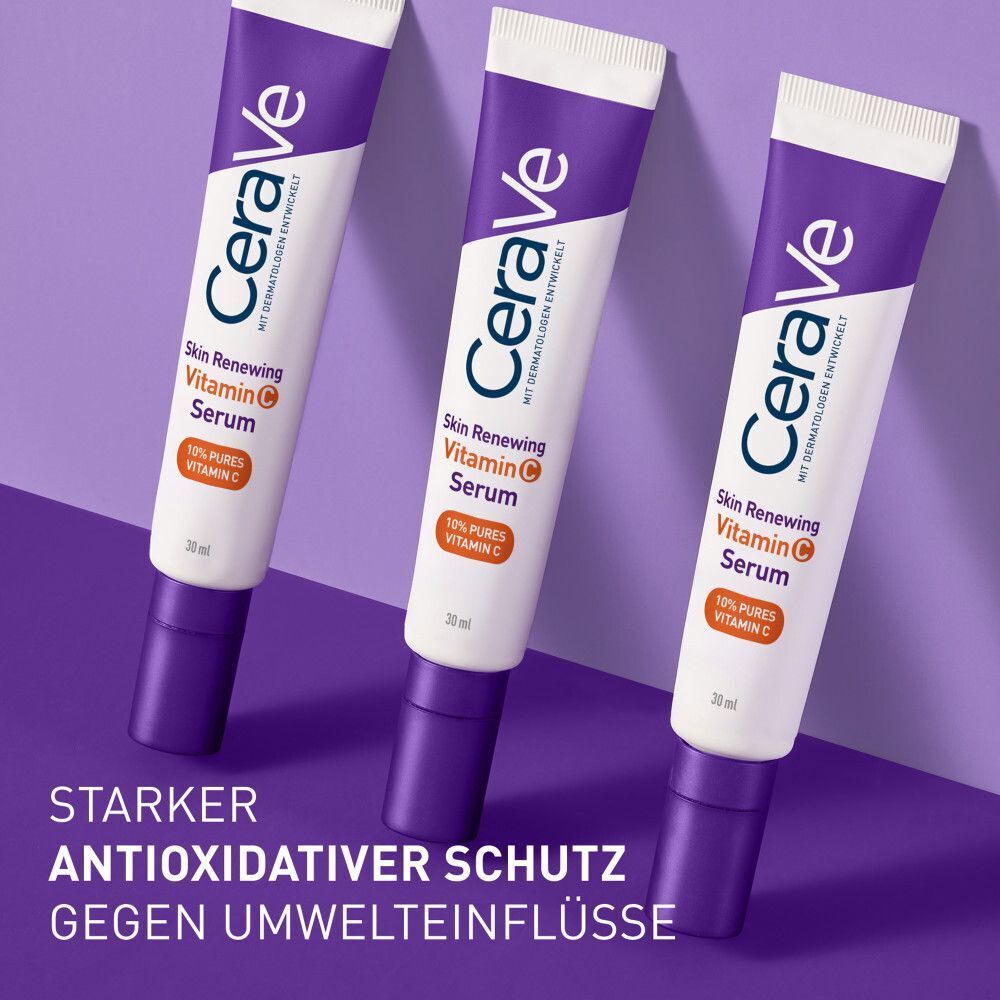 Drei Tuben CeraVe Skin Renewing Vitamin C Serum. Text: Starker antioxidativer Schutz gegen Umwelteinflüsse.