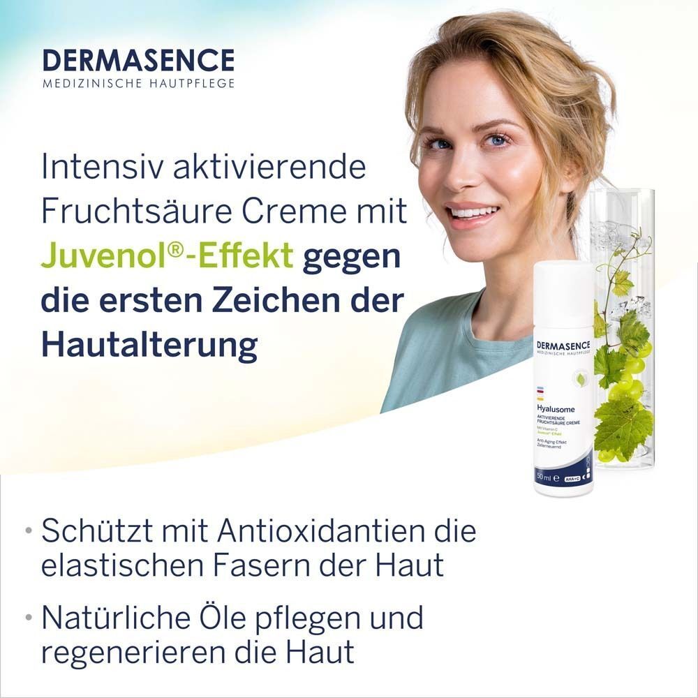 Frau mit DERMASENCE Hyalusome aktiv.Fruchtsäure Creme und Glas mit Blättern. Text: Intensiv aktivierende Fruchtsäure Creme mit Juvenol®-Effekt.