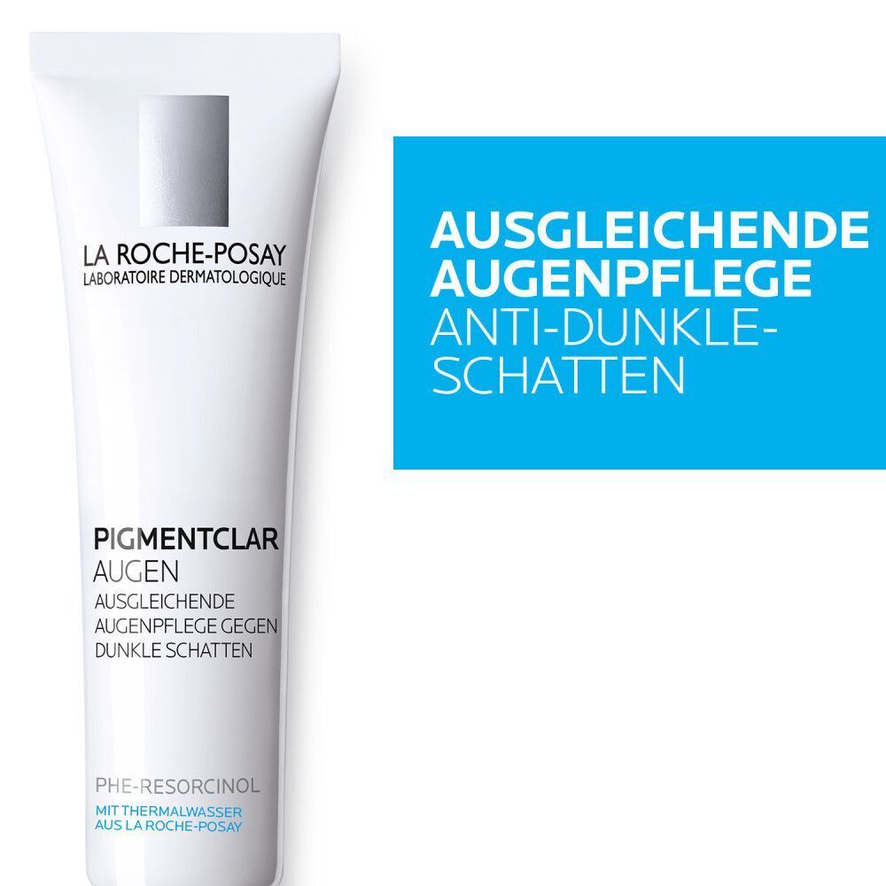 Tube ROCHE-POSAY Pigmentclar Augenpflege. Weiß, silberner Deckel, Applikator. Blaue Box mit Text: Ausgleichende Augenpflege Anti-Dunkle-Schatten.