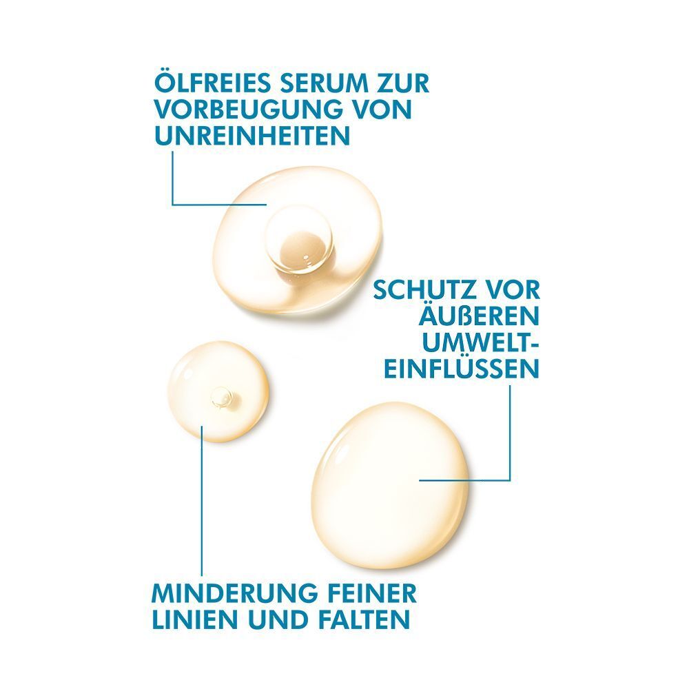 Diagramm mit Serumtropfen. Text: Ölfreies Serum zur Vorbeugung von Unreinheiten, Schutz vor äußeren Umwelteinflüssen, Minderung feiner Linien.