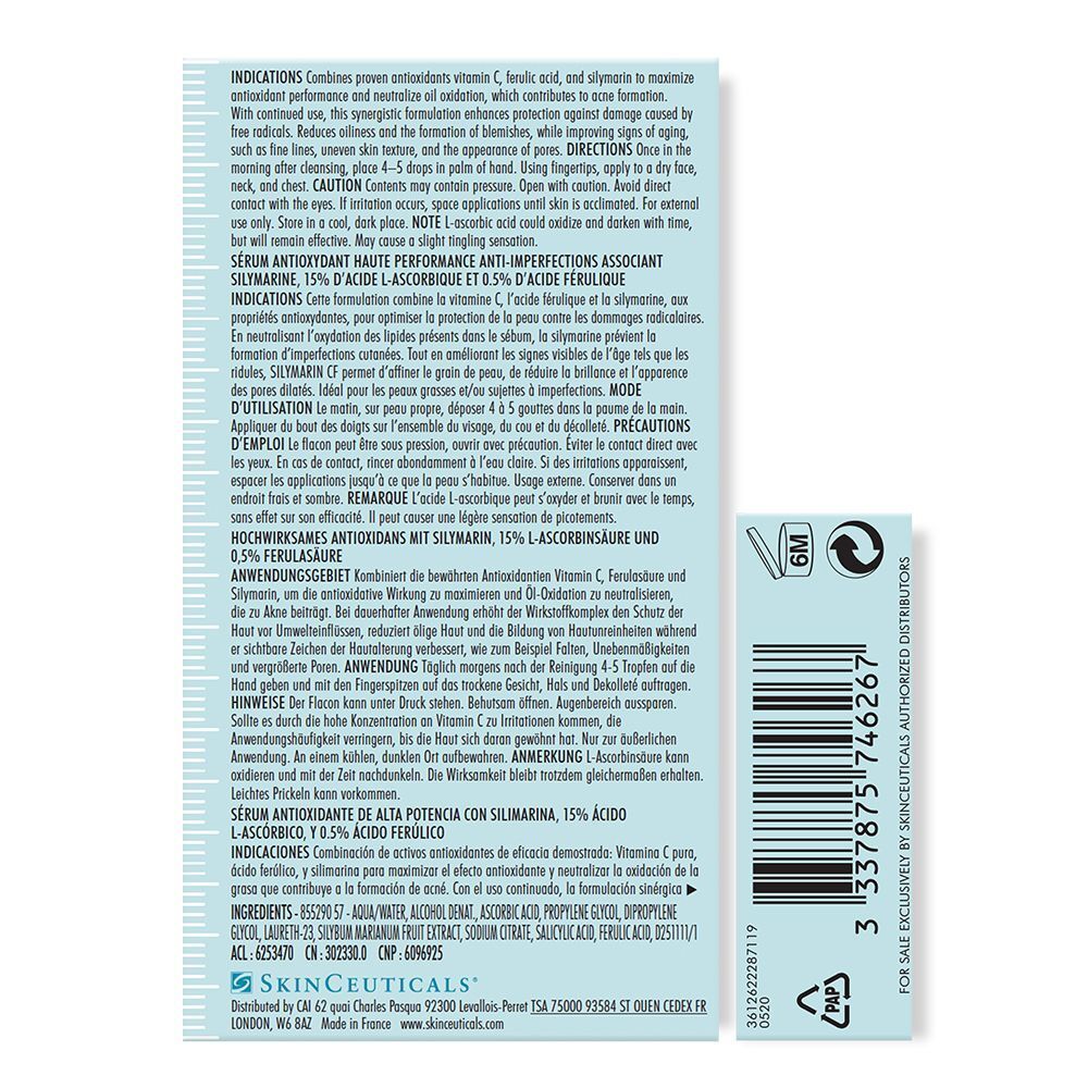 Rückseite der Verpackung. Text in mehreren Sprachen. Aufschrift: SKINCEUTICALS. Barcode und Recycling-Symbole.