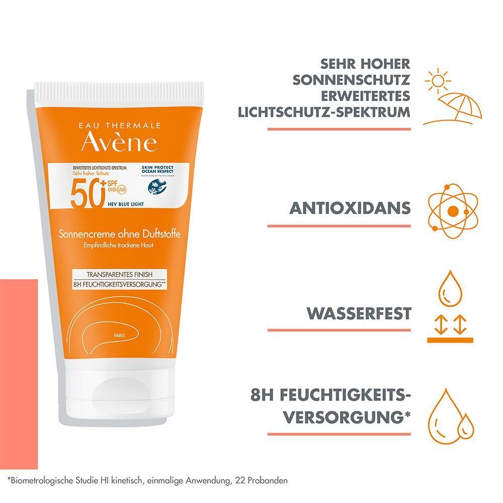 AVENE Sonnencreme SPF 50+ ohne Duftstoffe Tube. Orangefarbene Tube mit weißem Verschluss. Text: 50+, Sonnencreme ohne Duftstoffe. Zusätzliche Text- und Grafik-Elemente.